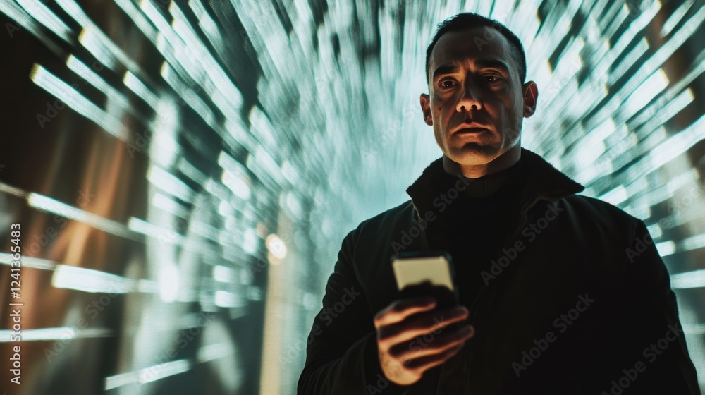 Aufkleber focused man in dark attire holding smartphone with glowing light trails in the background creating a