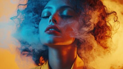 Woman in vibrant yellow attire with curly hair, immersed in colorful smoke featuring blue and orange tones, capturing an expressive moment of release.