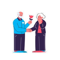 vector illustration depicting a sweet moment where a grandfather presents a flower to grandmother