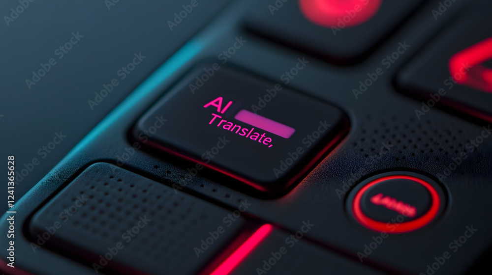 Poster tv remote with translate button highlighting user control over real-time translation capabilities