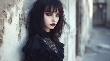Obraz premium Brunette young woman in edgy black fashion attire poses against a textured urban wall in a city street, showcasing a gothic rock style with dramatic makeup.