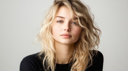 Blond young woman with wavy messy hair poses confidently in a bright studio with a white backdrop, showcasing natural beauty and elegance.