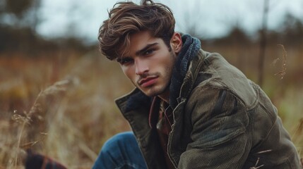 Obraz premium Stylish young adult man with tousled hair sitting in a rustic outdoor field wearing a warm green jacket during autumn with natural lighting.