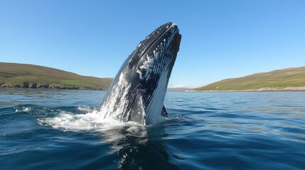 Humpback Whale Breaching in Clear Blue Water Under Bright Sky