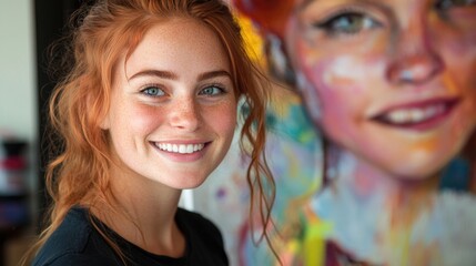 Fototapeta premium Smiling young woman with red wavy hair and freckles painting in bright studio, vibrant canvas artwork in background, artistic ambiance, creative process.