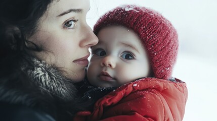 Obraz premium Caring mother with infant closeup on snowy background wearing red winter coat and hat, showcasing bond and warmth in winter landscape.