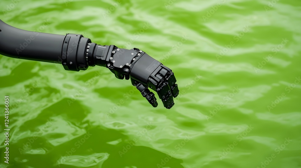 Poster robotic arm deploying in polluted lake to collect water samples for analysis