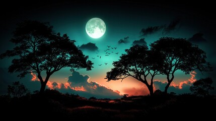 Serene twilight landscape with silhouetted trees and a glowing full moon amidst colorful clouds