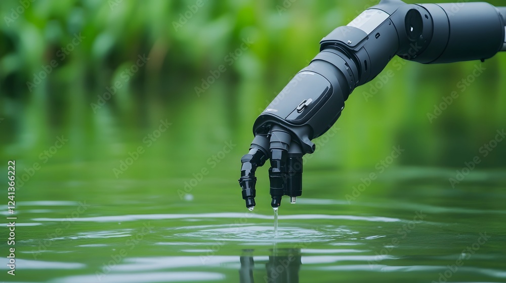 Poster robotic arm deploys in polluted lake to collect water samples for analysis