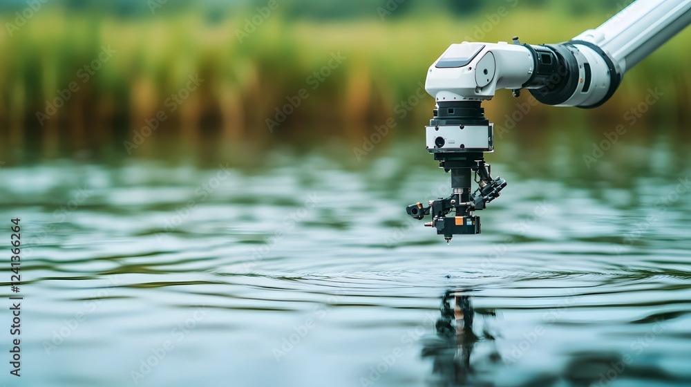 Poster robotic arm deploying in polluted lake to collect water samples for analysis