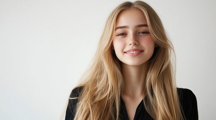 Studio portrait of a young smiling blonde woman with long hair wearing a black blouse against a bright white background showcasing cheerful expressions.