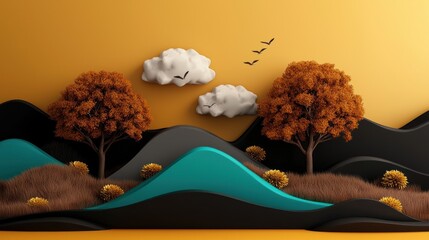 Vibrant autumn landscape with stylized trees and rolling hills under a yellow sky