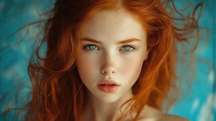 Fototapeta premium Studio portrait of young woman with vibrant red hair and blue eyes against soft blue background highlighting emotional expressions and beauty.
