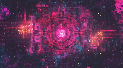 Obraz premium Abstract digital art depicting a glowing futuristic mechanism in vibrant pink and teal hues.