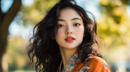 Naklejka premium Captivating portrait of a young Asian woman in a vibrant orange kimono, surrounded by lush greenery in a sunlit park, showcasing natural beauty and elegance.