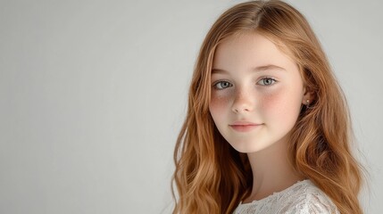 Portrait of a young girl with long wavy auburn hair and freckles on a bright white studio background, showcasing natural beauty and innocence.