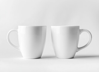 Obraz premium White coffee mug mockup, two mugs side by side on a white background. Mock-up template for design and print with copy space. Stock photo contest winner, high resolution, high detail