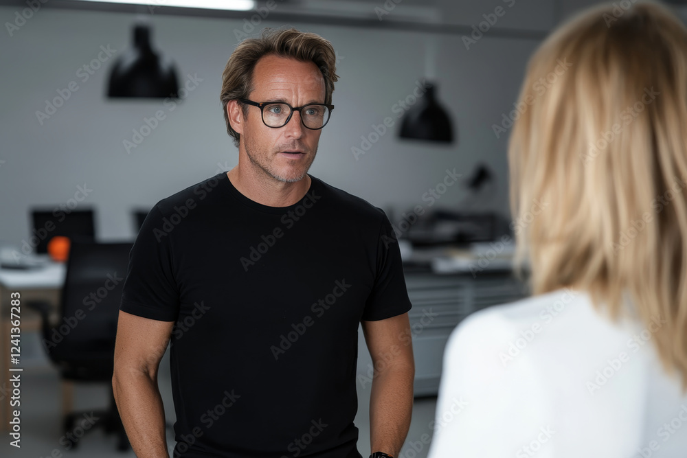 Poster professional conversation in a modern office setting between two colleagues discussing a project pro