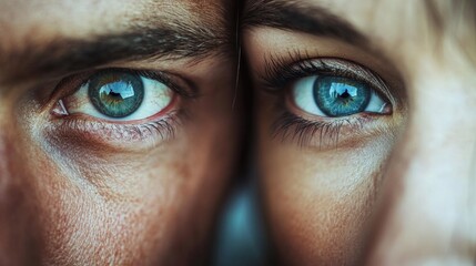 Intimate gaze of lovers with blue eyes expressing deep connection and emotion, close-up portrait showcasing human connection and vulnerability