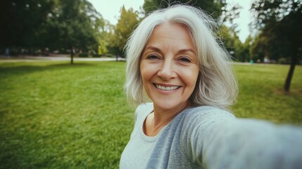 Cheerful senior woman with grey hair taking a selfie in a sunny park with green grass and tall trees in the background showcasing outdoor enjoyment and confidence