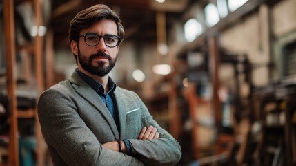 Fototapeta premium Confident Young Businessman with Glasses in Light Gray Suit Posing with Arms Crossed in Industrial Factory Environment
