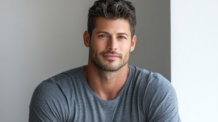 Obraz premium Confident young man with tousled hair wearing a casual gray shirt, posed against a soft light neutral background, showcasing friendly expression.