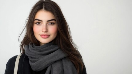 Fototapeta premium Stylish young brunette woman smiling with shopping bag draped over shoulder wearing dark scarf against clean white background