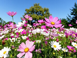 Obraz premium a meadow of pink and white blossoms flourishing beneath a bright blue sky