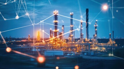 Illuminated Industrial Complex: A Nighttime Panorama of Interconnected Refineries