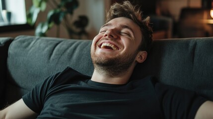 Fototapeta premium Joyful young man relaxing on dark grey sofa with soft fabric, smiling and gazing at ceiling in stylish living room with plants and warm lighting.