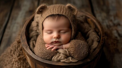 Sleeping newborn in cozy bear-themed knitwear, peacefully resting in a wooden bowl, with soft, neutral tones and textured fabrics on rustic wooden background.