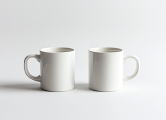 Obraz premium White mug mockup, two mugs side by side on a white background, mock-up for design and print, high-resolution photography, high detail, stock photo, professional color grading, clear, sharp focus. 