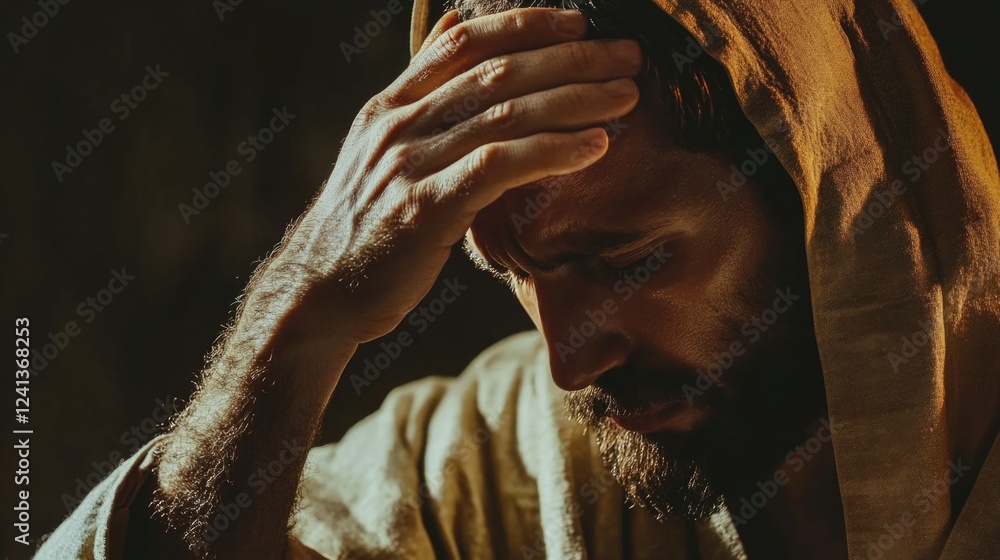 Aufkleber contemplative man with a beard in a light brown robe holds his hand on his forehead showing emotion 