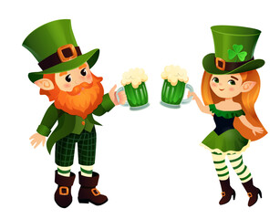 Vector illustration of a cheerful leprechaun couple celebrating St. Patrick's Day with mugs of green beer. The male and female leprechauns wear traditional Irish outfits, including green hats with