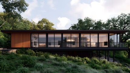 Obraz premium Contemporary House Blending with Forested Hillside Landscape through Expansive Windows