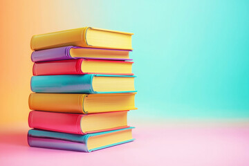 Colorful stack of glossy books on pastel background with soft lighting for a cheerful modern look