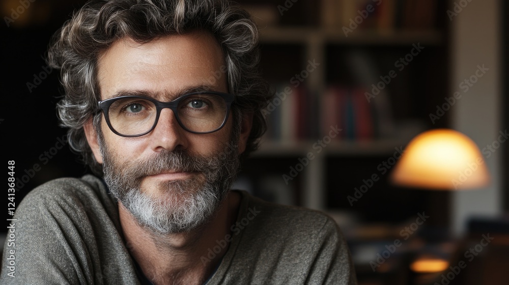 Poster portrait of a mature man with glasses and beard working on computer in cozy indoor setting with warm