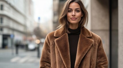 Fototapeta premium Chic young woman wearing a stylish brown fur coat and black turtleneck sweater posed confidently on an urban street in autumn light