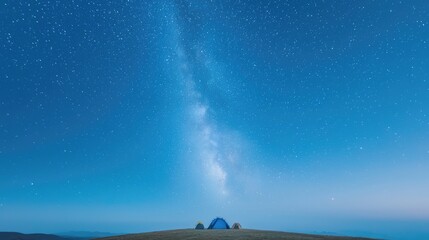 Naklejka premium Night camping under Milky Way galaxy, starlit sky, mountaintop