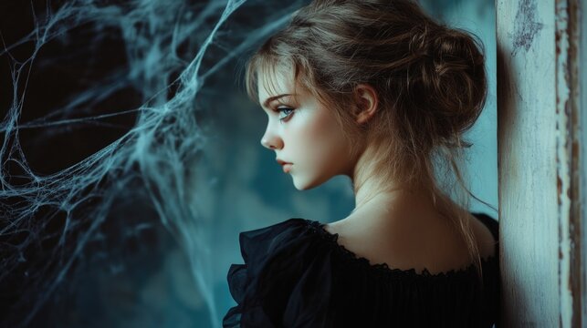 Pale young woman resembling an antique porcelain doll in a black dress standing in an old vintage room with cobwebs creating a spooky Halloween atmosphere