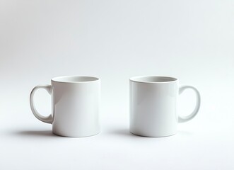 Obraz premium White mug mockup, two mugs side by side on a white background, mock-up for design and print, high-resolution photography, high detail, stock photo, professional color grading, clear, sharp focus. 
