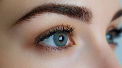 Obraz premium Close-up view of captivating blue eye with long eyelashes and well-groomed eyebrows showcasing natural beauty and clear skin tones