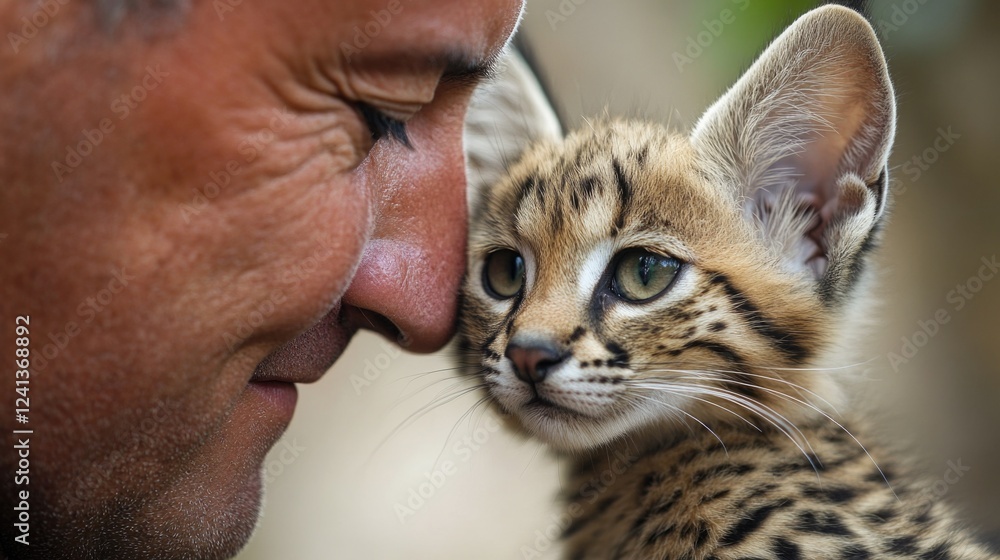 Aufkleber affectionate interaction between middle-aged man and baby serval cat in soft focus with nature-inspi