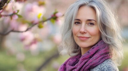 Naklejka premium Springtime outdoor portrait of a 40-year-old woman with beautiful gray hair wearing a pink scarf, smiling amidst blossoming pink flowers.