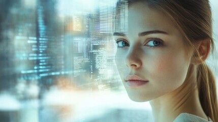 Caucasian businesswoman with captivating blue eyes gazes thoughtfully at digital data processing interface in modern office environment showcasing technological innovation and global connectivity.