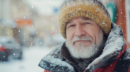 Fototapeta premium Elderly man with a gray beard wearing a warm winter coat and knitted hat smiling in a snowy urban street during New Year celebrations with falling snow.