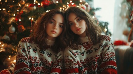 Identical twin girls in cozy festive sweaters, sitting closely together near a brightly decorated Christmas tree, warm ambient lighting.