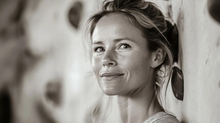 Portrait of confident woman smiling near artificial climbing wall in fitness center with gray tones and textured surface in background