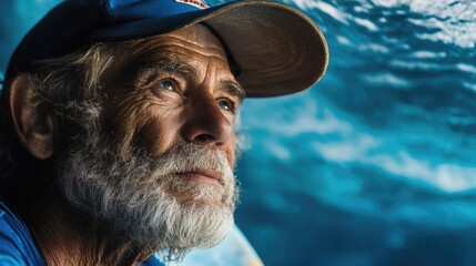 Elderly male surfer gazing thoughtfully at the rolling blue ocean waves while preparing surfboard bag for an exciting surfing session at the beach