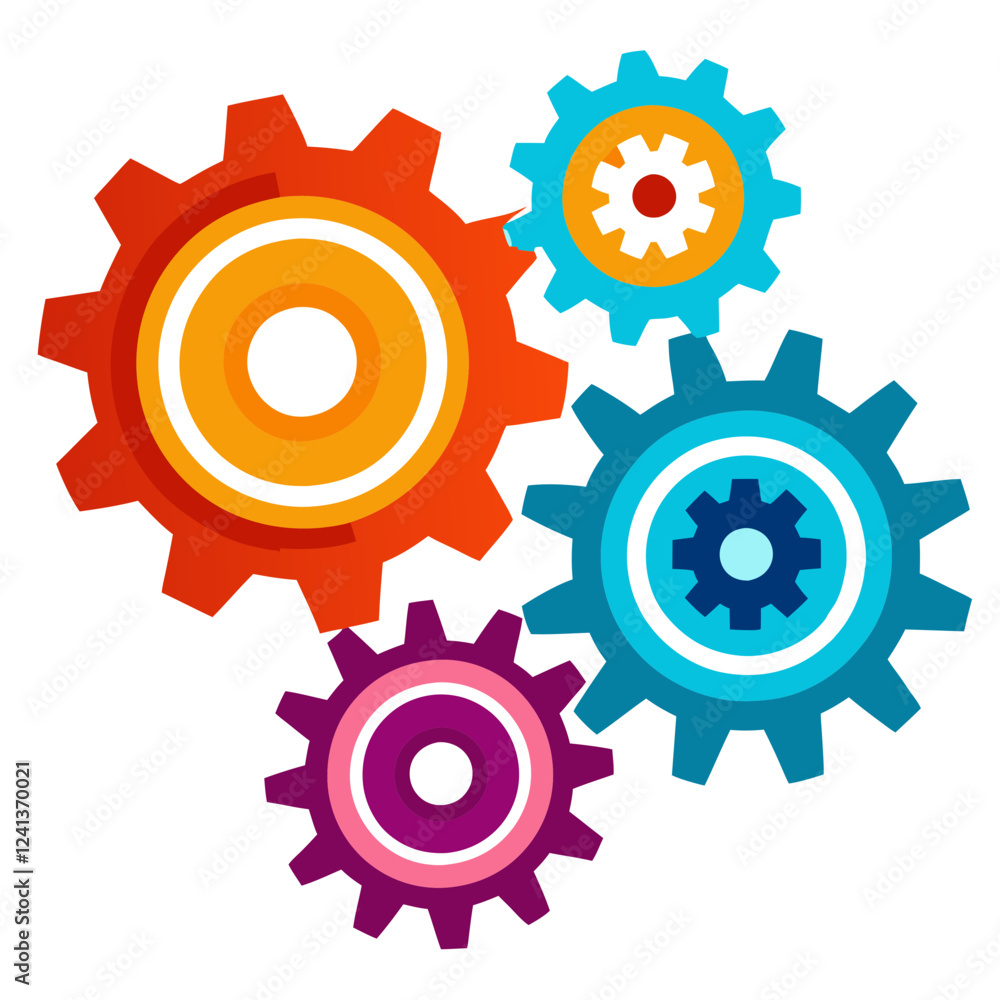 Aufkleber brightly colored gears in various sizes are displayed against a white background, showcasing intrica